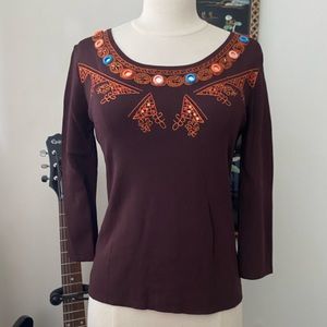 Vintage 90s Joseph A. Stretchy Brown/Orange Top with Beading/Embroidery. Size M.